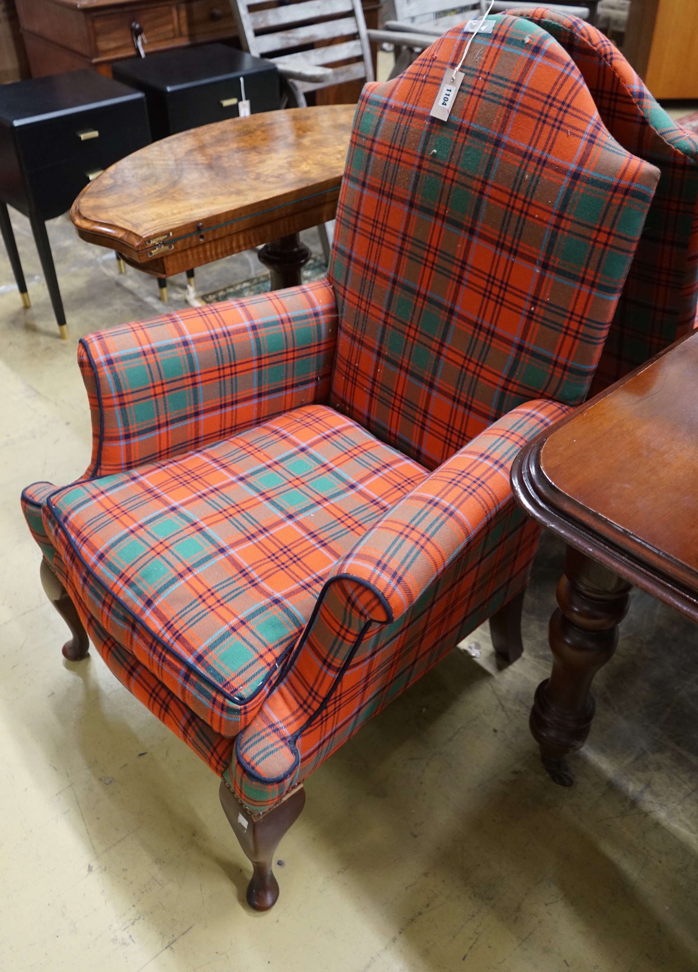 A pair of 18th century style tartan upholstered armchairs, width 76cm, depth 80cm, height 110cm